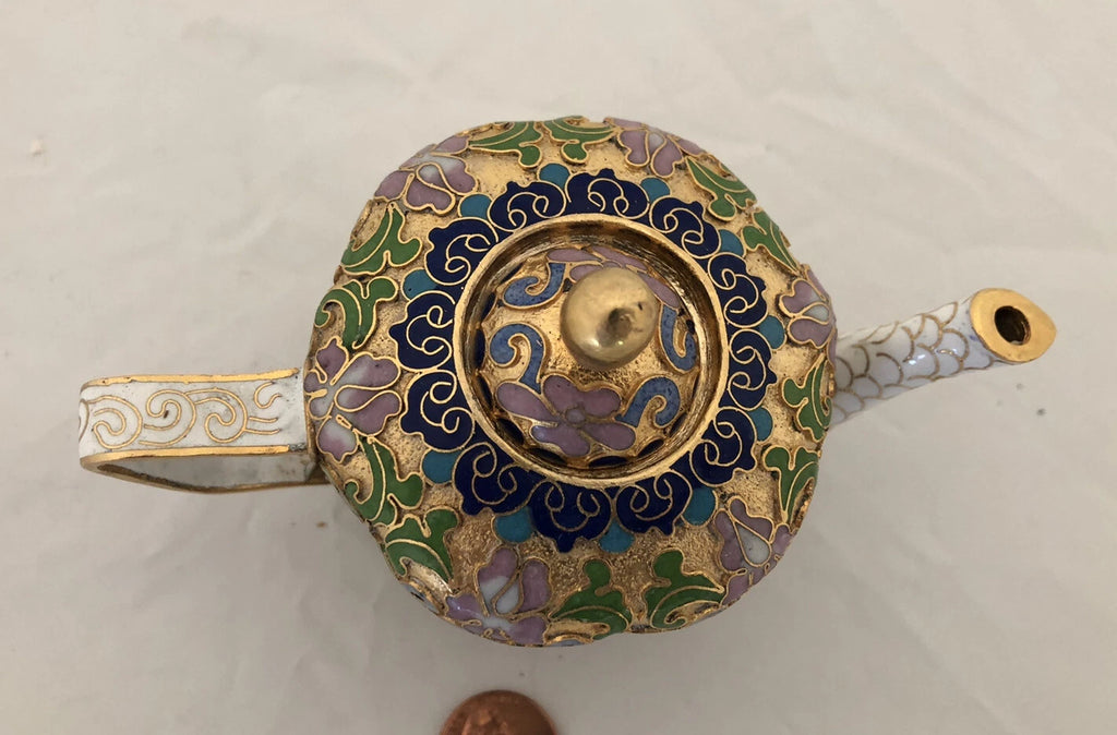 Vintage Cloisonne Enamel and Bronze 2 Teapot Set