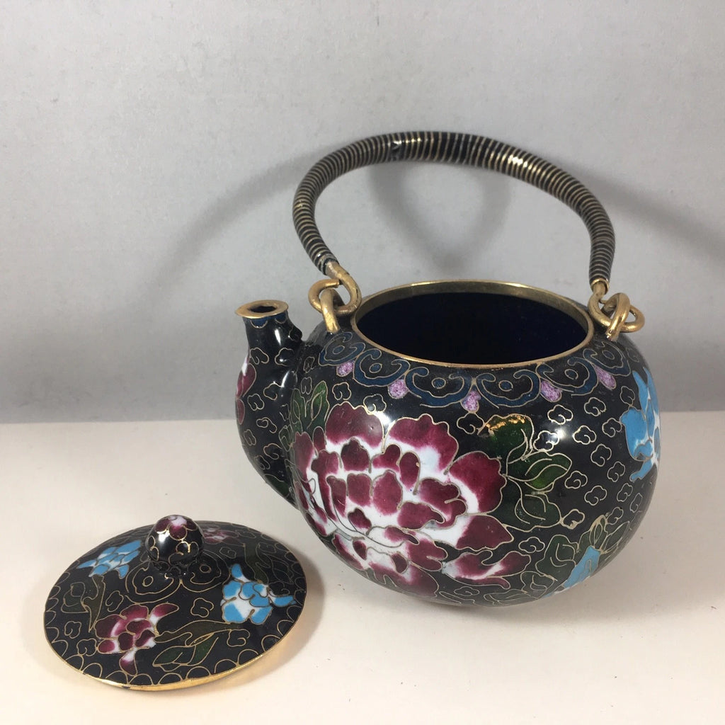 Vintage Chinese Cloisonne Teapot Black Tea Pot Bronze Brass Copper Floral Enamel