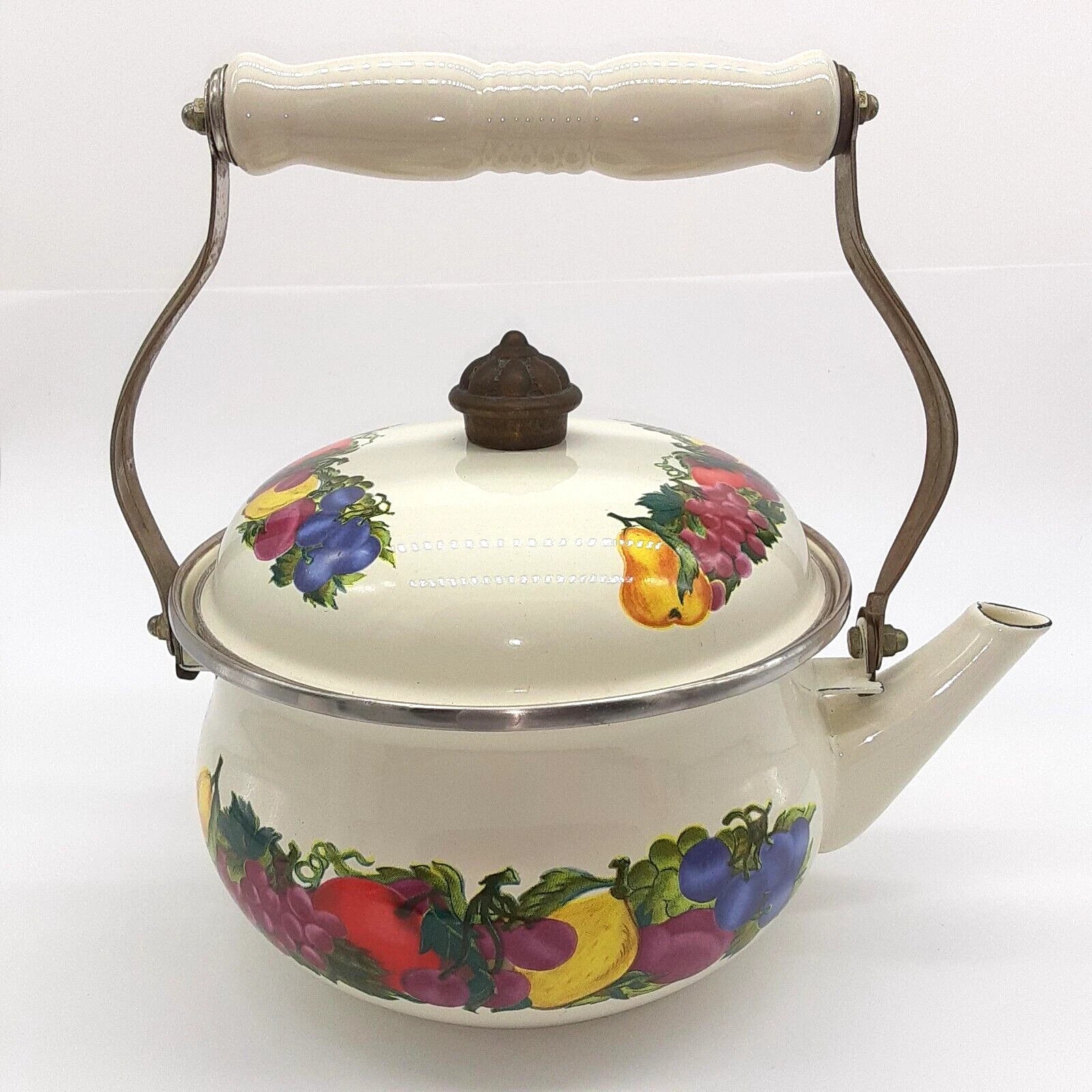 Vintage Water Kettle Tea Pot Enamel Fruit Cottagecore Chic Country Farm House