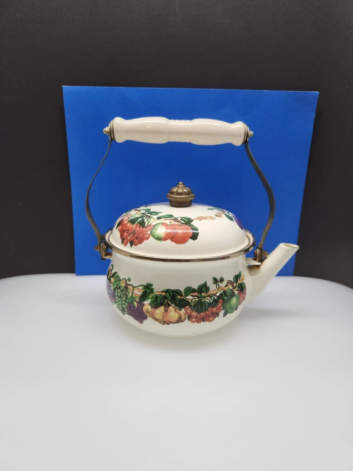 Tabletops Unlimited Vitroceramic Tea Pot With Lid Enamel Fruit Pattern