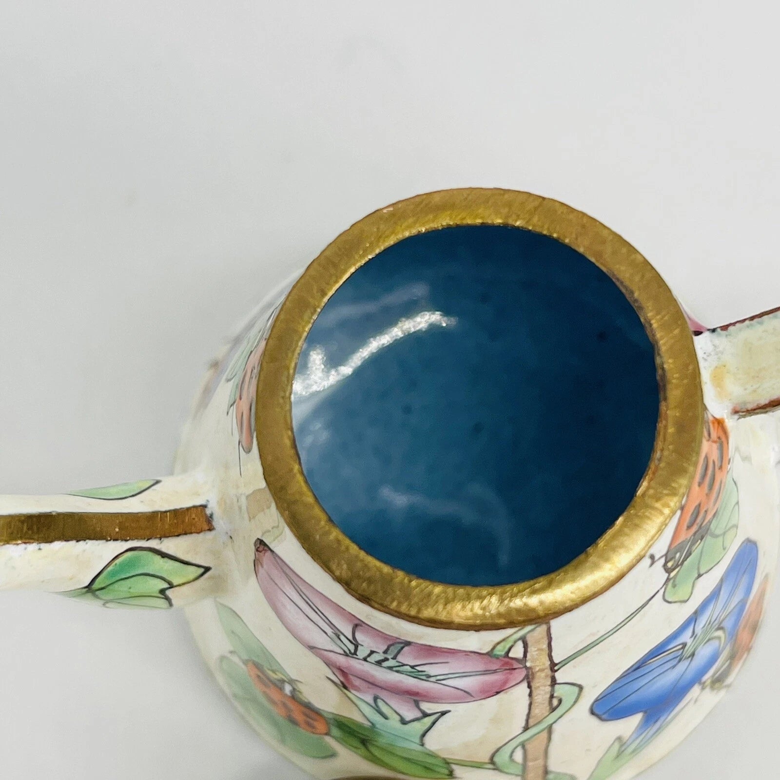 VINTAGE MINI HAND-PAINTED FLORAL LADYBUG METAL ENAMEL/BRASS TEAPOT/WATER CAN