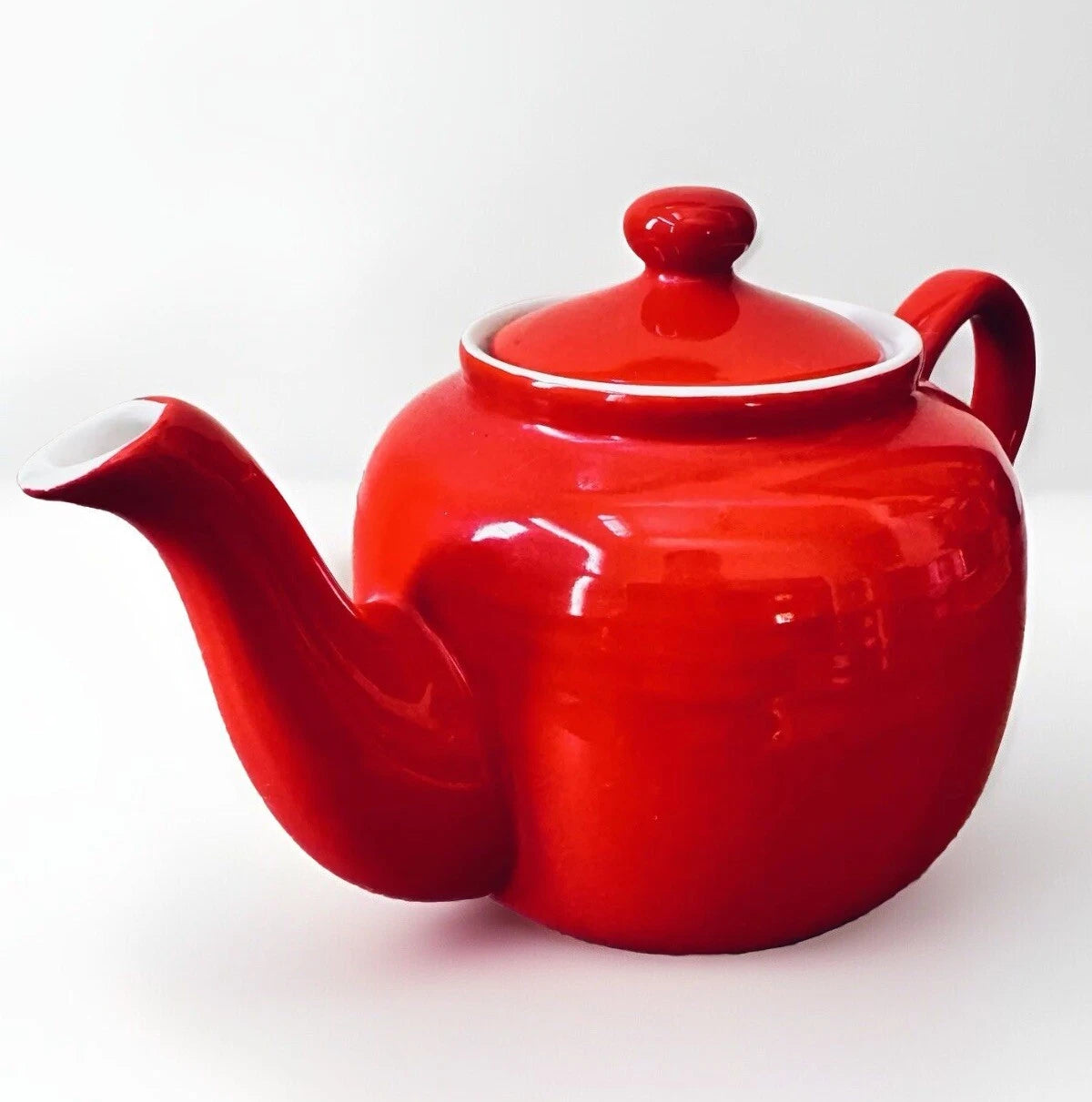 Vintage Mid Century Modern Red Glazed Pottery 3-Cup Tea Pot Enameled Interior 9”