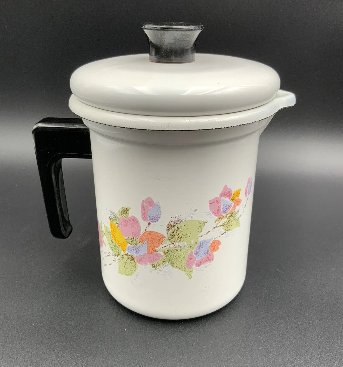 Mid Century Modern Enamelware Floral 3 PC  Tea / Coffee Pot