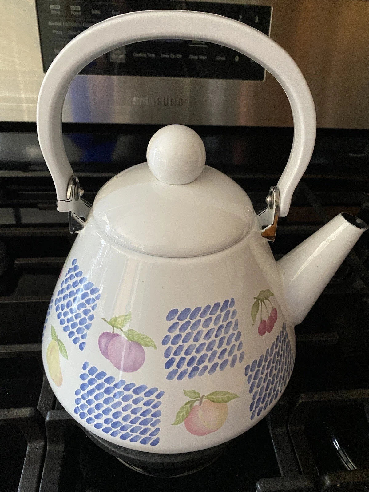 Teapot White Enamel Fruit Pear Cherries Plum Peach Blue 2 Qt Tea Pot