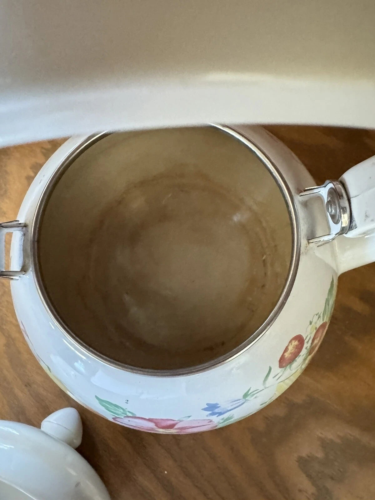 Vintage White Enamel Floral Tea Kettle Teapot Flowers