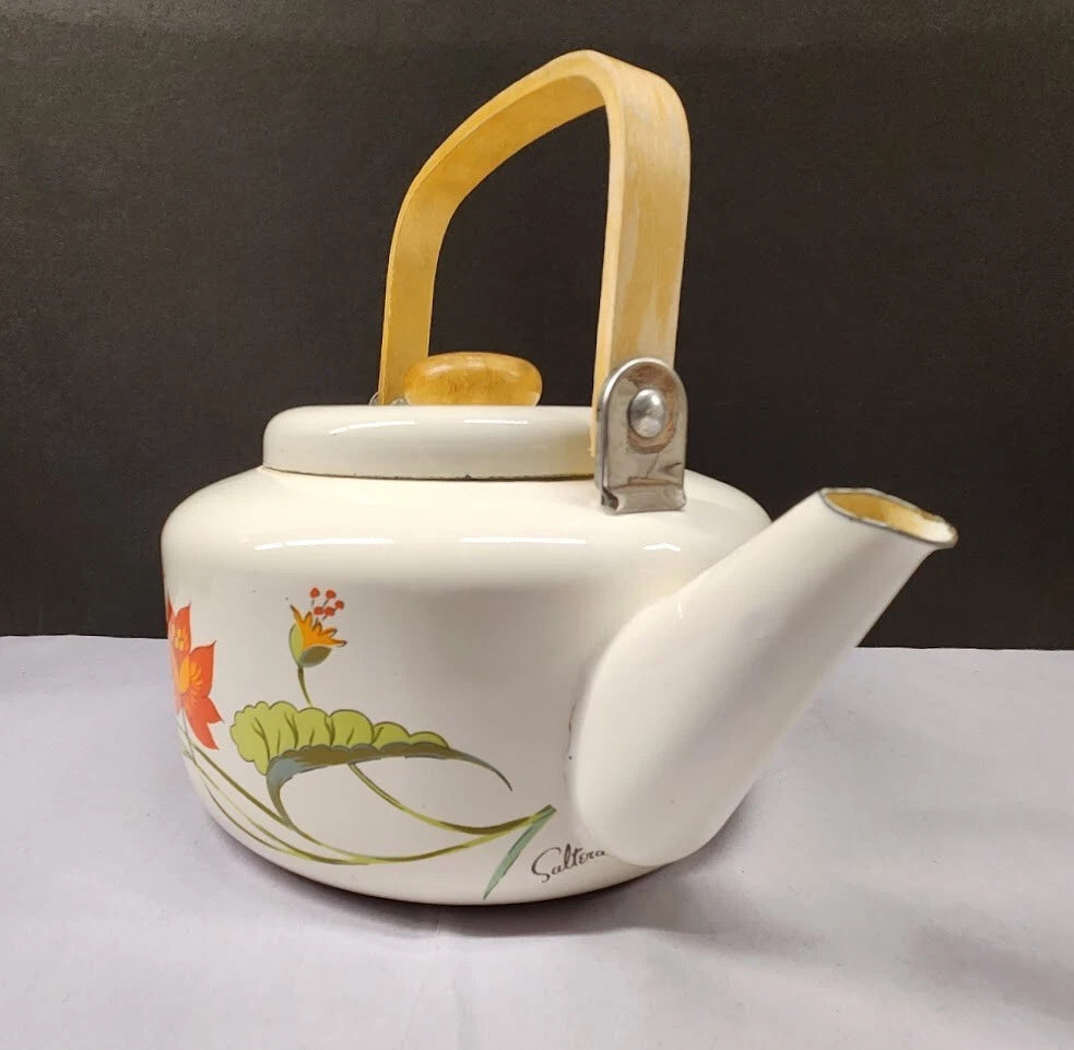 Vintage Saltera Himark Enamel RARE Teapot MCM  Red Orange Floral Wooden Handle