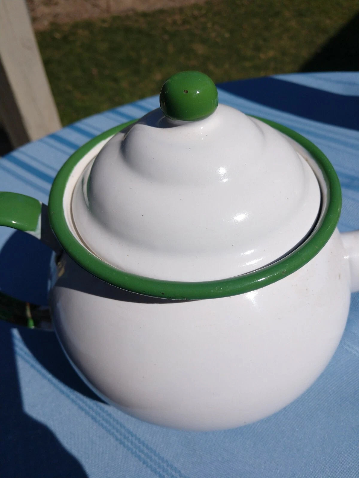 Retro Enamel Teapot With Green Trim