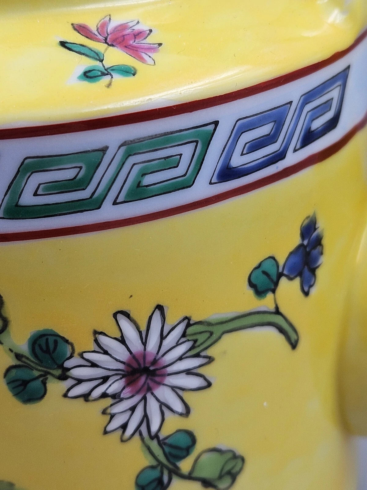 Vintage Asian Inspired Teapot with Flat Lid & Wire Handles Floral On Yellow