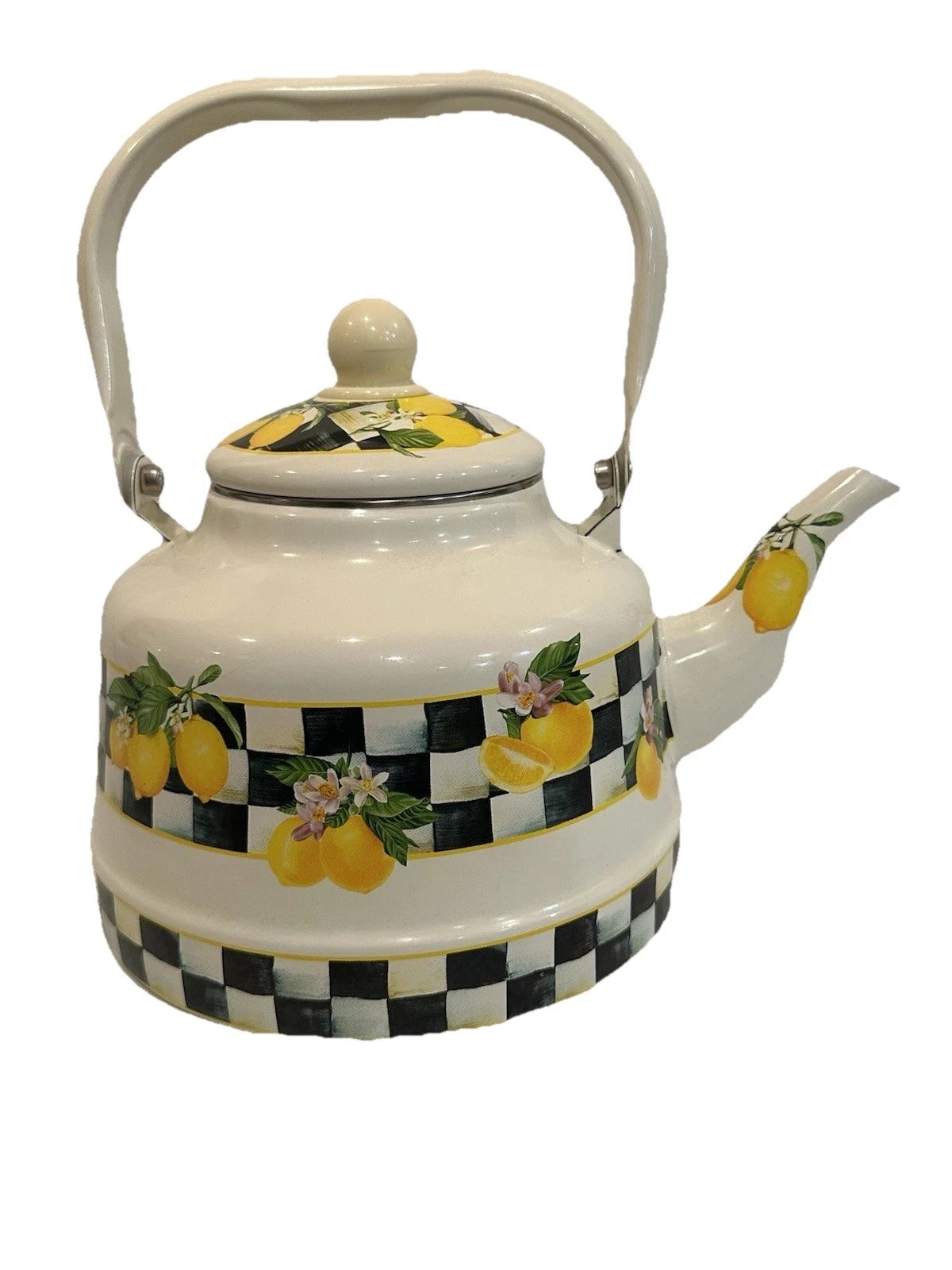 Lemon Checkered Enamel Tea Kettle with Handle and Spout
