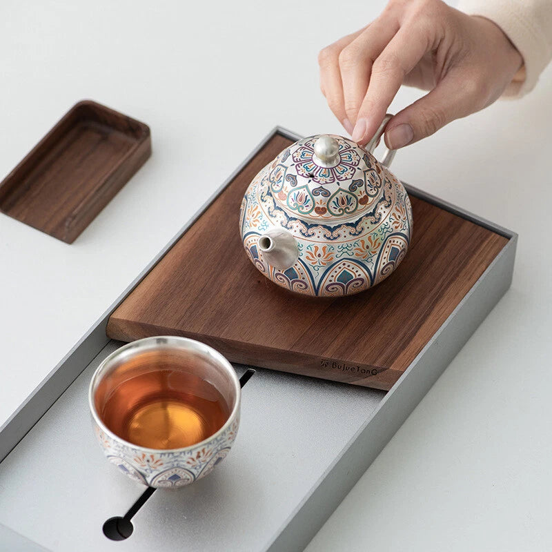 999 Silver Enamel Color Fengming Pot Ceramic Silver Teapot Kung Fu Tea Set Cups