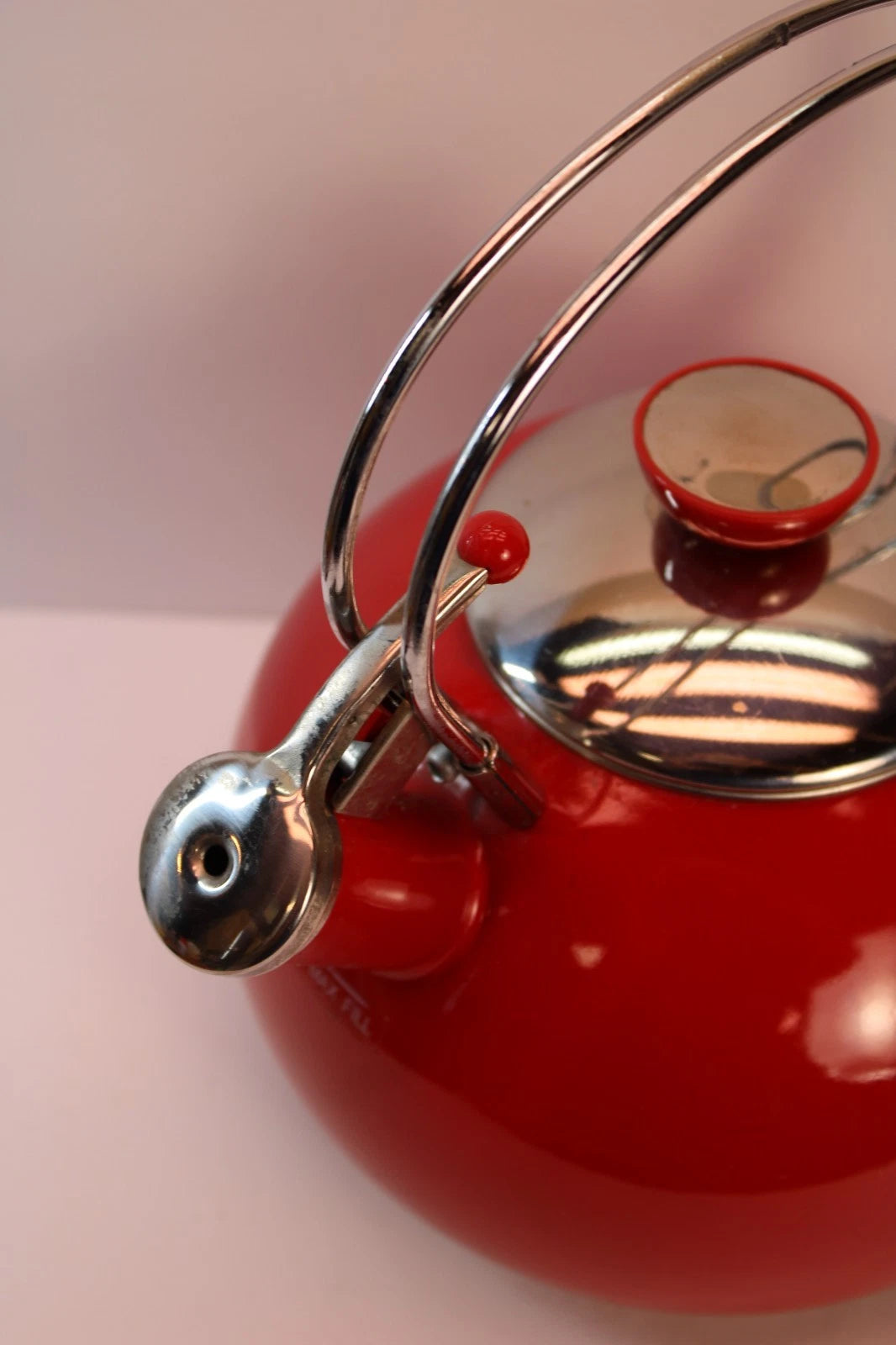 Vtg Copco Red Whistling Teapot Wire Handles 2.5 Qt.