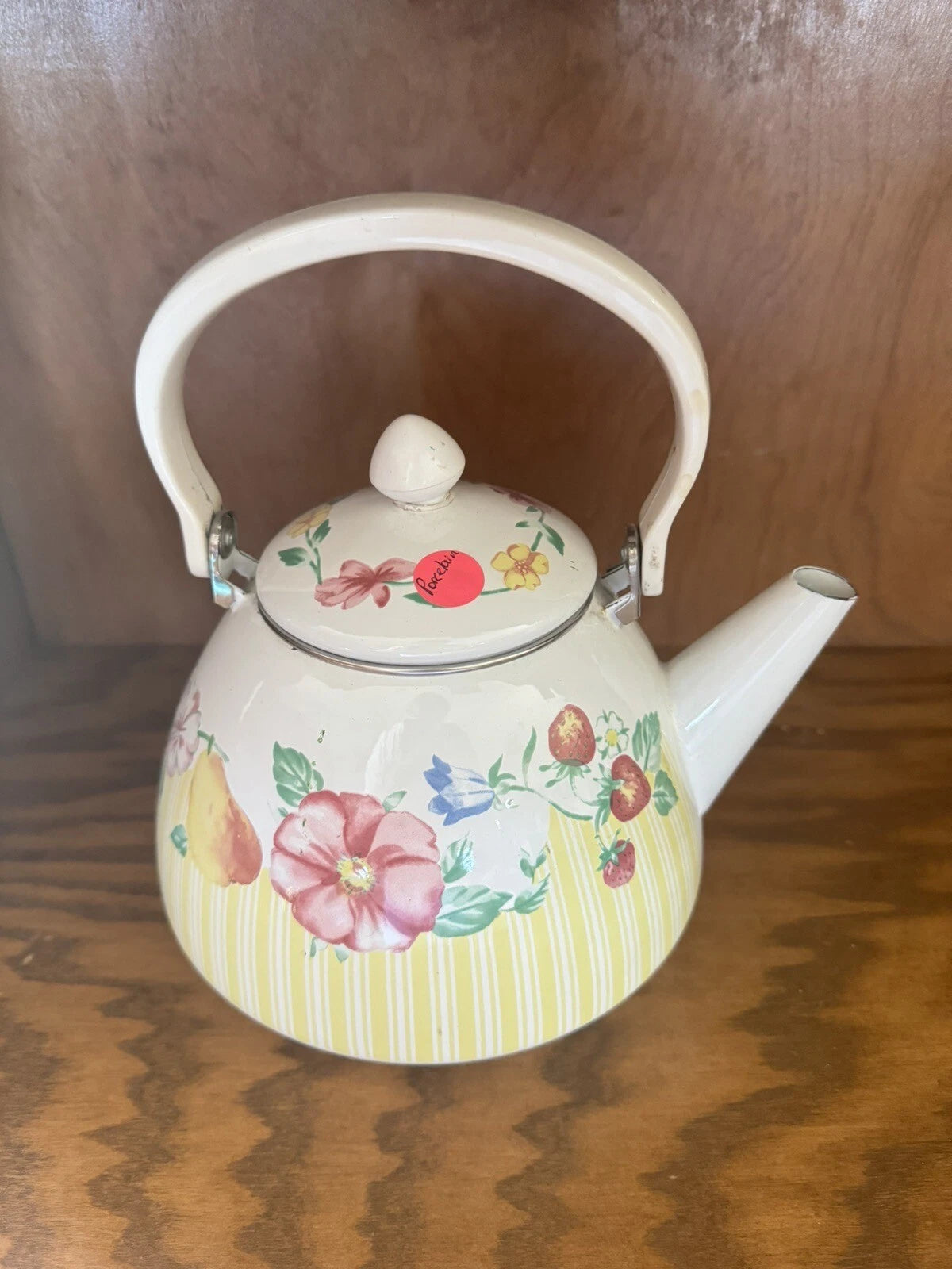 Vintage White Enamel Floral Tea Kettle Teapot Flowers