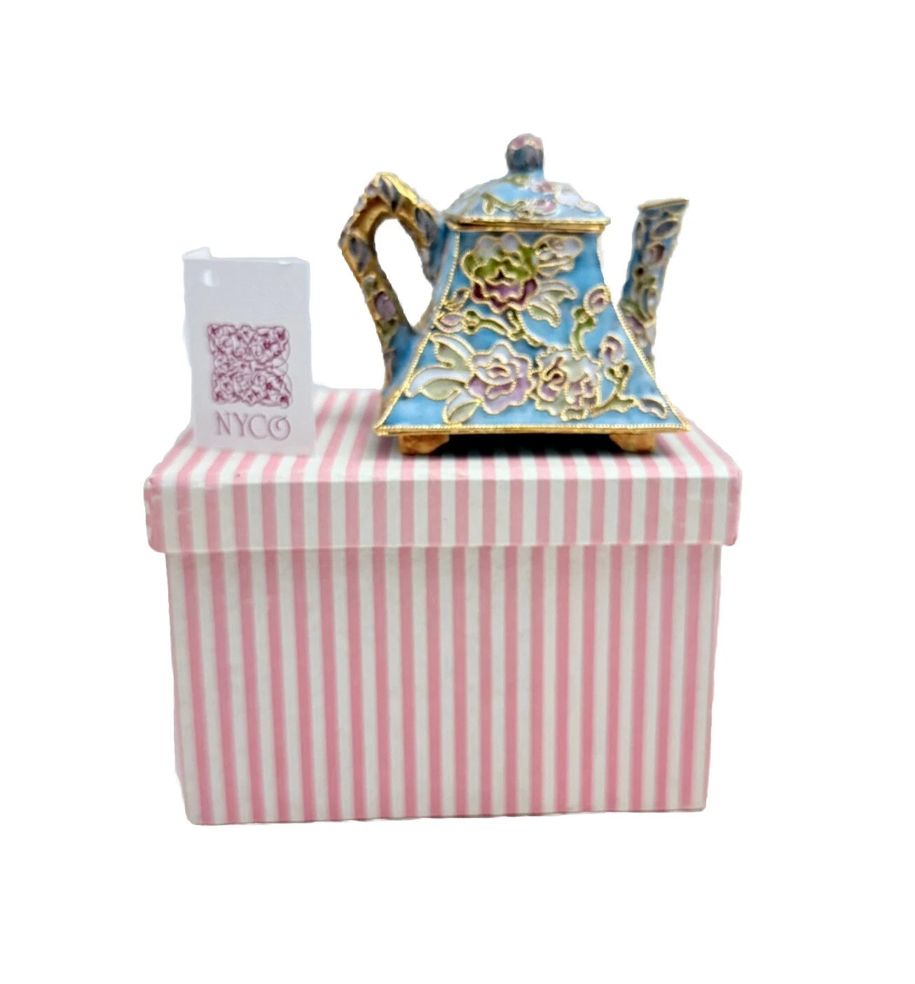 Vintage Teapot Enamel Cloisonne Mini Blue/Pink/Gold Nyco 4" Tall New W/ Box