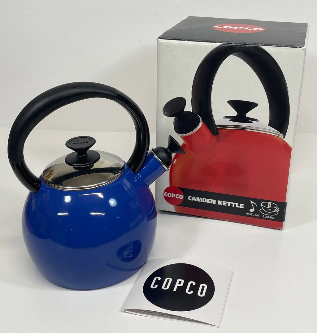 NOS COPCO CAMDEN 2QT BLUE ENAMEL WHISTLING TEA KETTLE POT