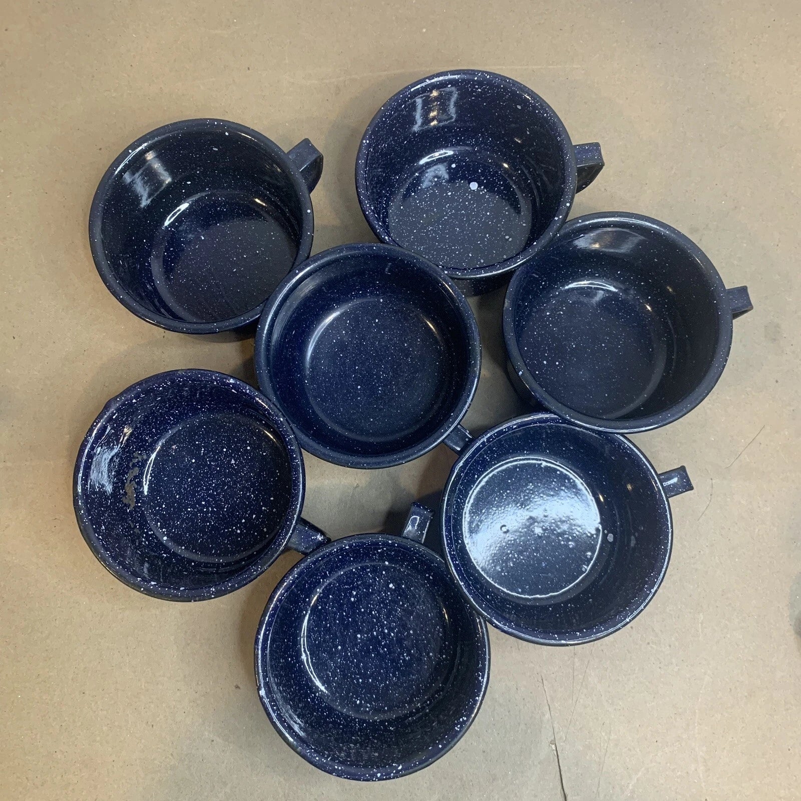 Vintage Enamelware Coffee Tea Pot Kettle & 7 Cups Blue & White Speckled