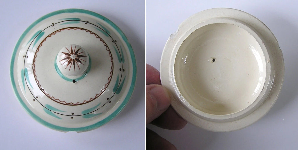 Rare Antique Staffordshire Creamware Teapot with Teal & Brown Enamel Decoration