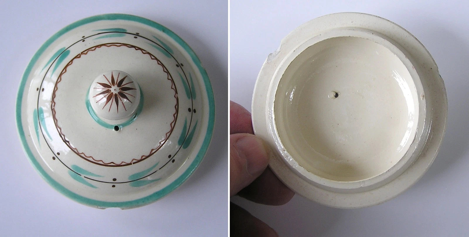 Rare Antique Staffordshire Creamware Teapot with Teal & Brown Enamel Decoration