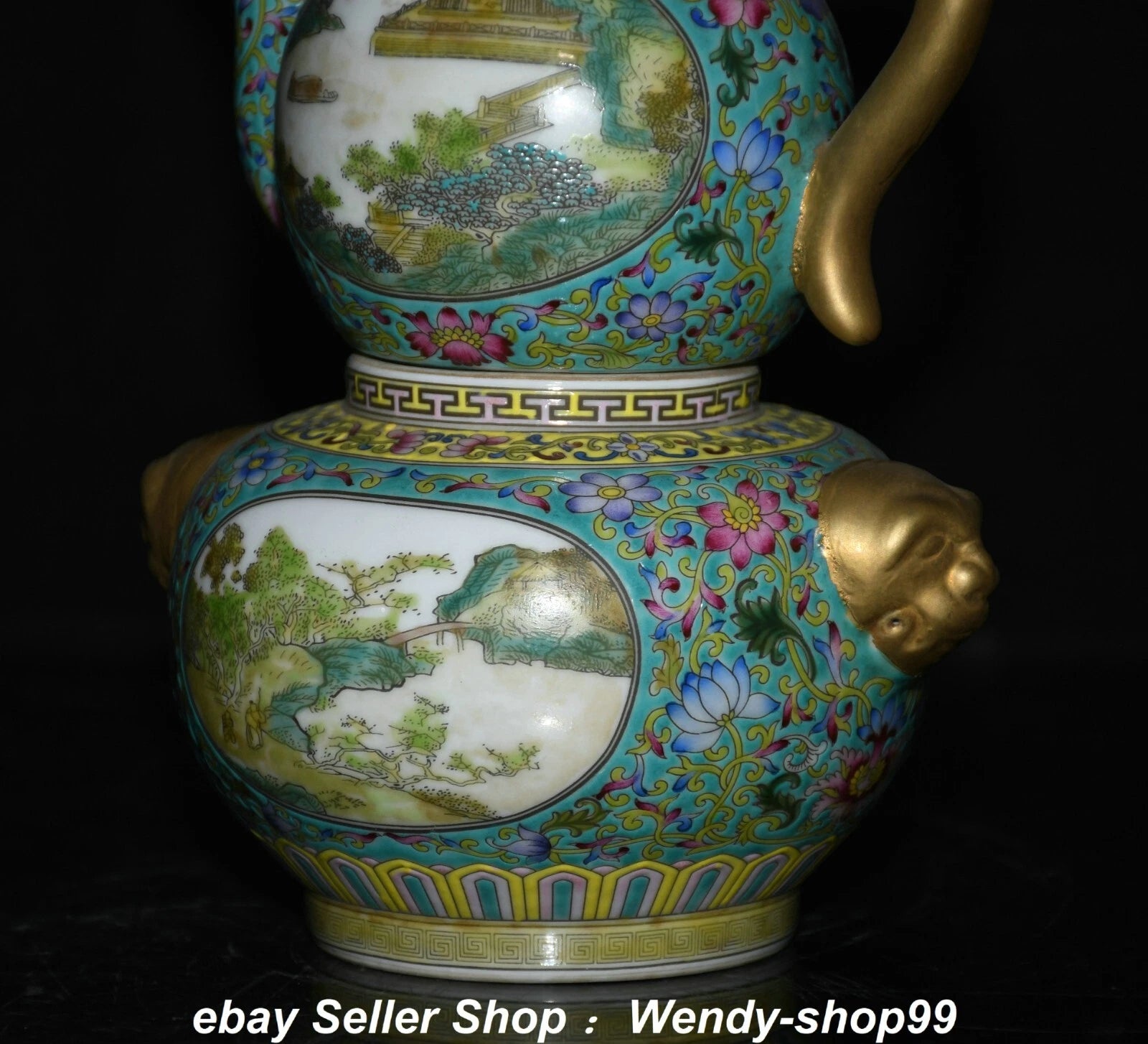 8.6" Qianlong Enamel Color Porcelain Gilt landscape Gourd Wine Pot Teapot