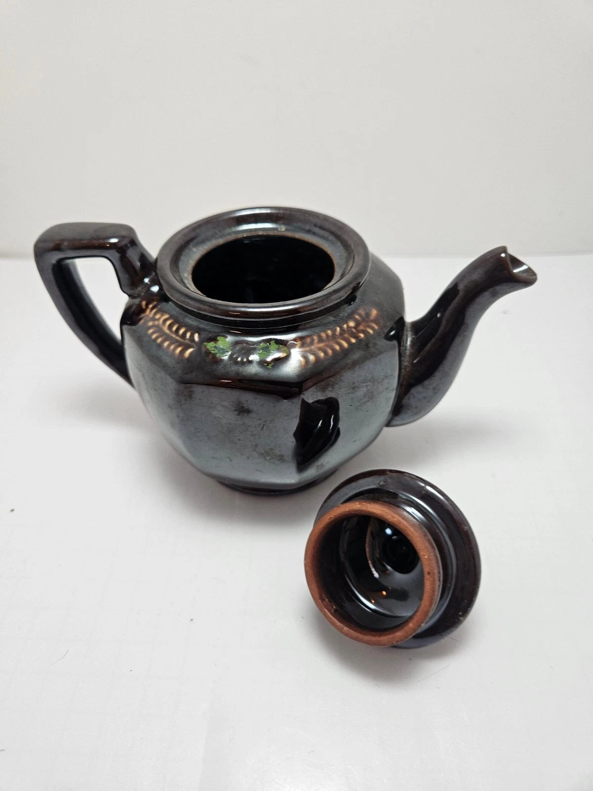 Vintage Brown Betty Redware Teapot Japan Moriage Enamel Hand Painted
