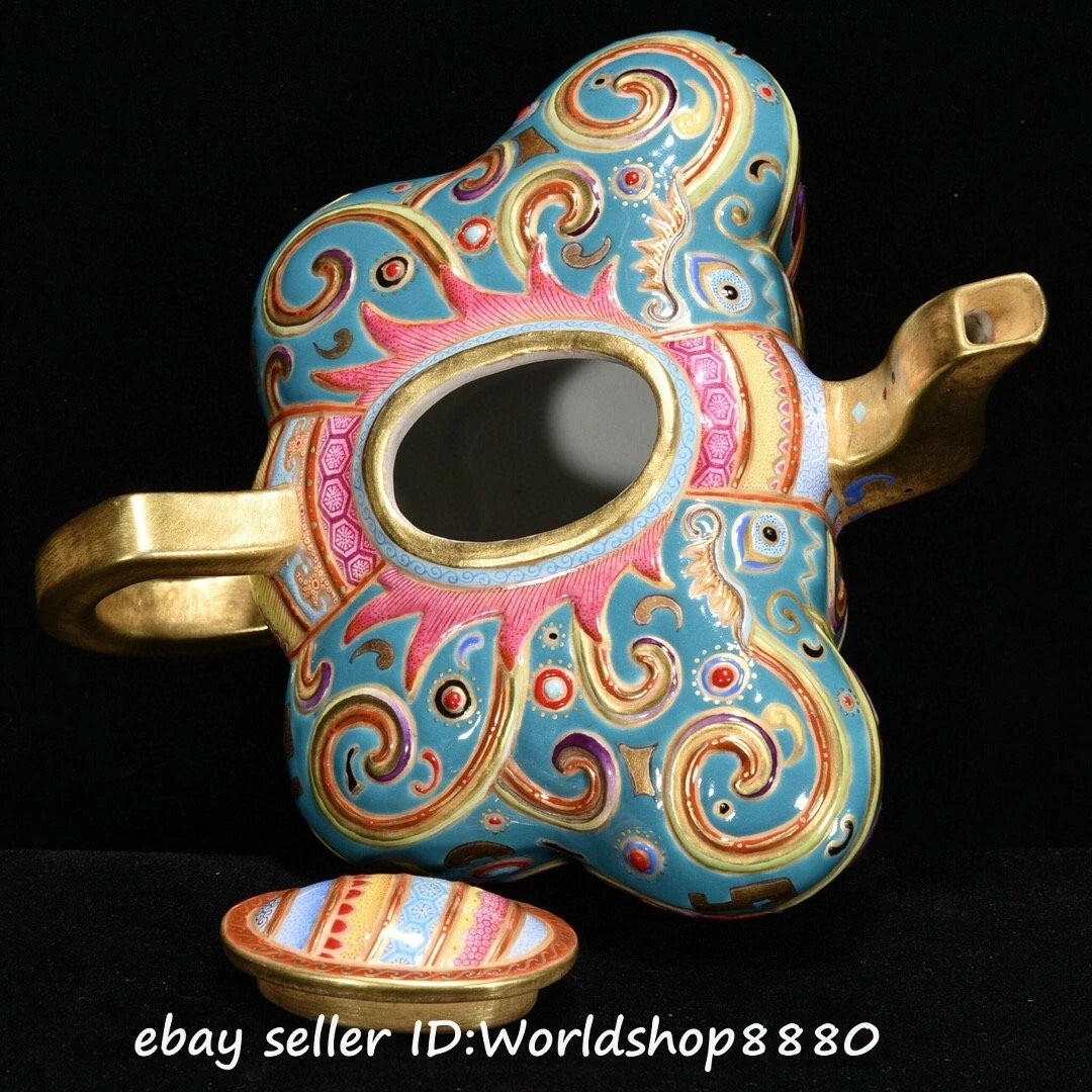 5.6" Qianlong Marked Enamel Porcelain Gilt Flower Butterfly Shaped Wine Tea Pot