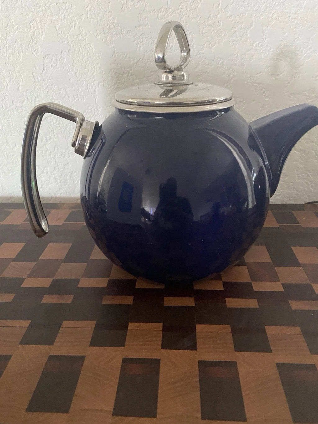 Vintage Chantal Dark Blue Tea Kettle Enamel On Steel With Stainless Accents 2QT
