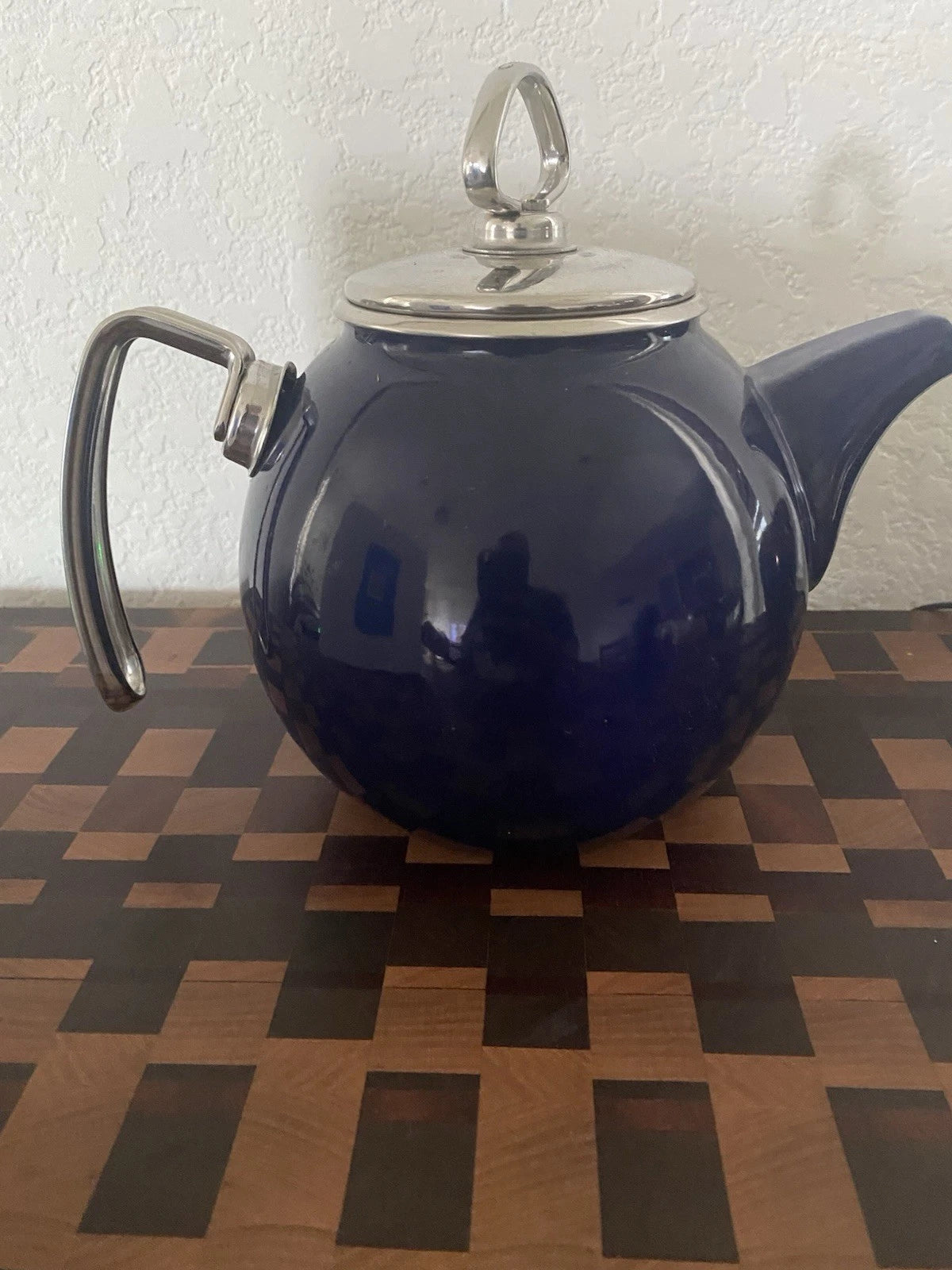 Vintage Chantal Dark Blue Tea Kettle Enamel On Steel With Stainless Accents 2QT