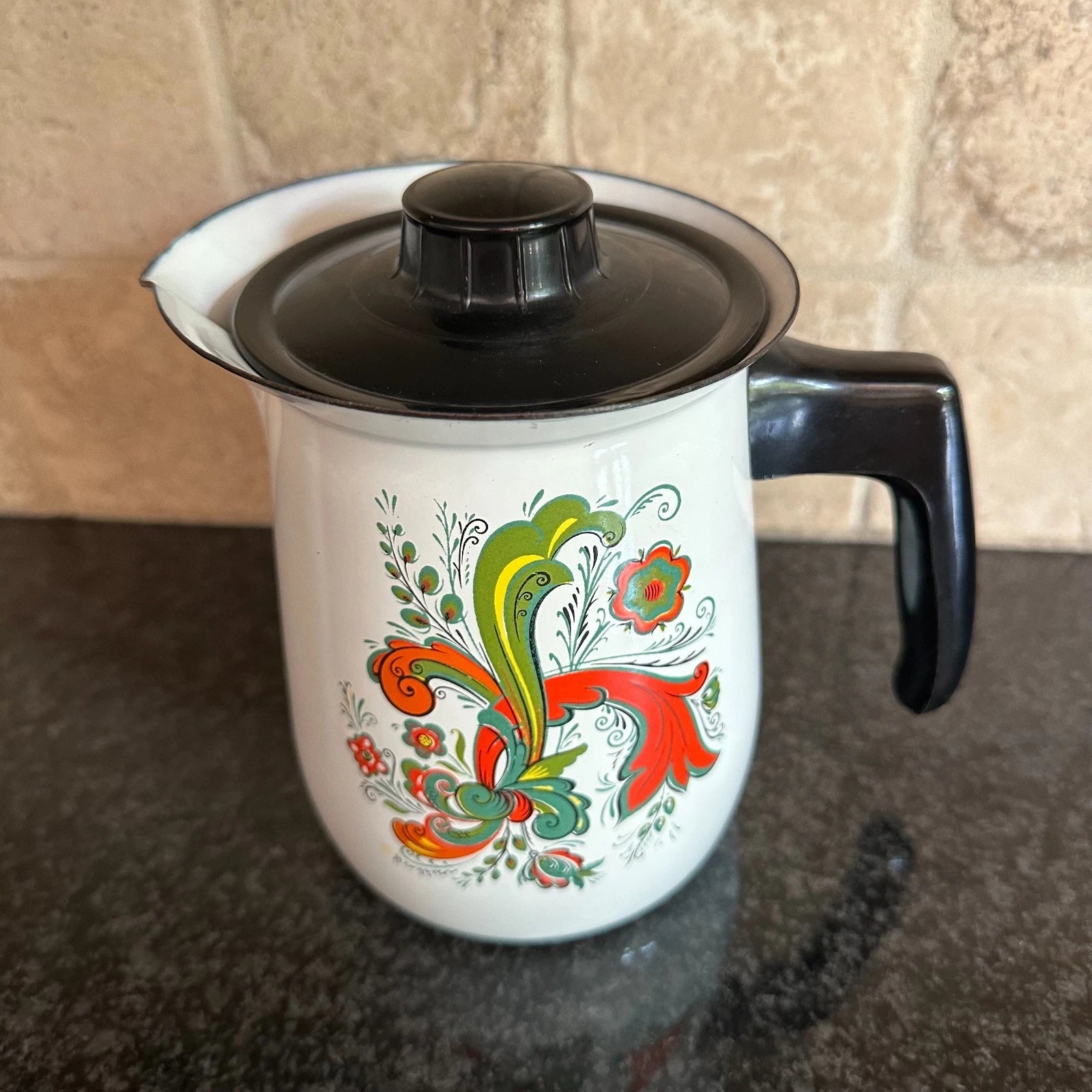 Vtg Berggren Swedish Floral Enamel Coffee Tea Pot Folk Art Design Enamelware