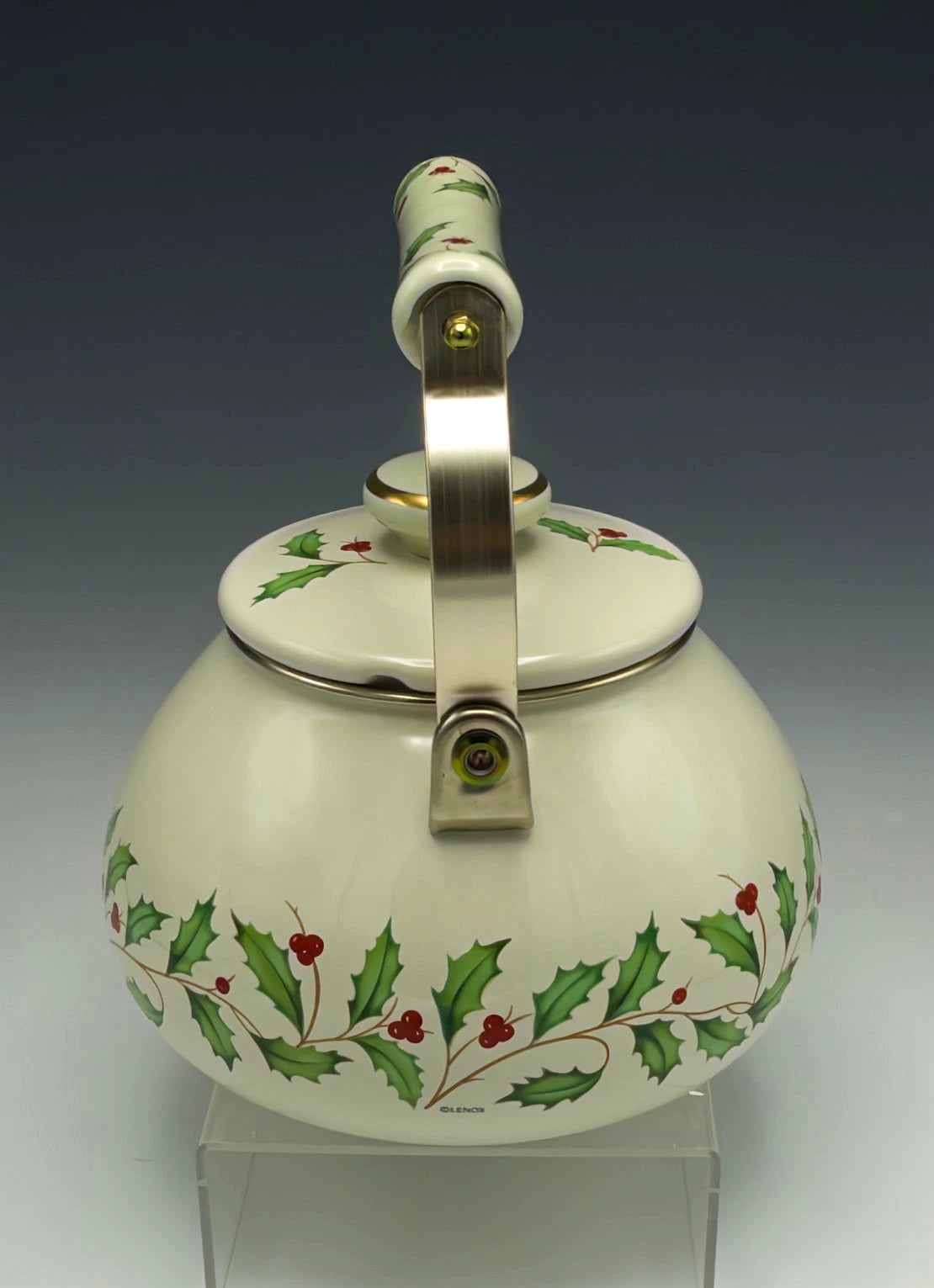 Lenox Holiday Tea Kettle Holly Berry Metal Enamel Gold Trim Teapot with Lid