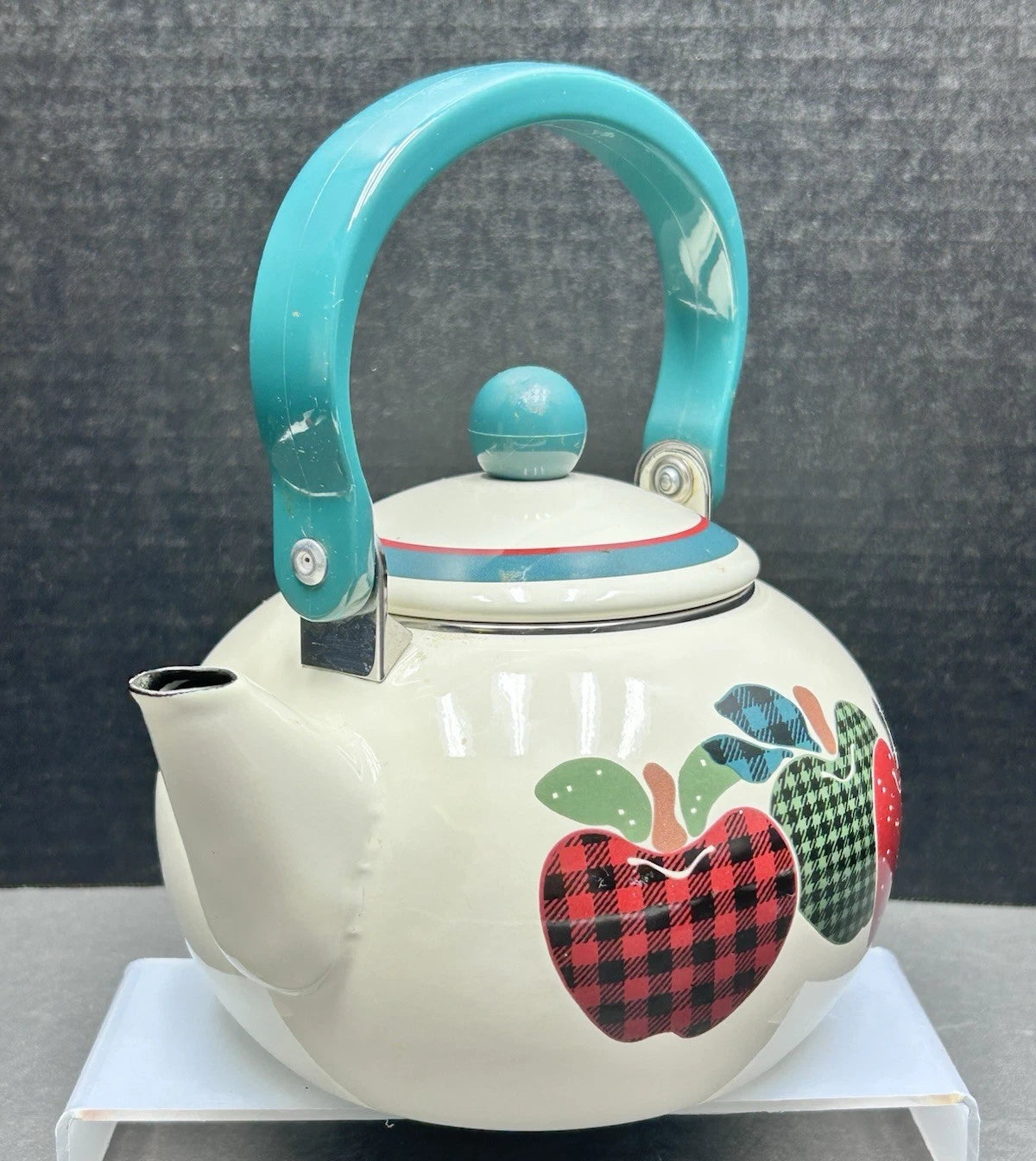 Vintage Apple Themed Enamel Metal Teapot Kettle, Farmhouse, Kitchen, Granny Core