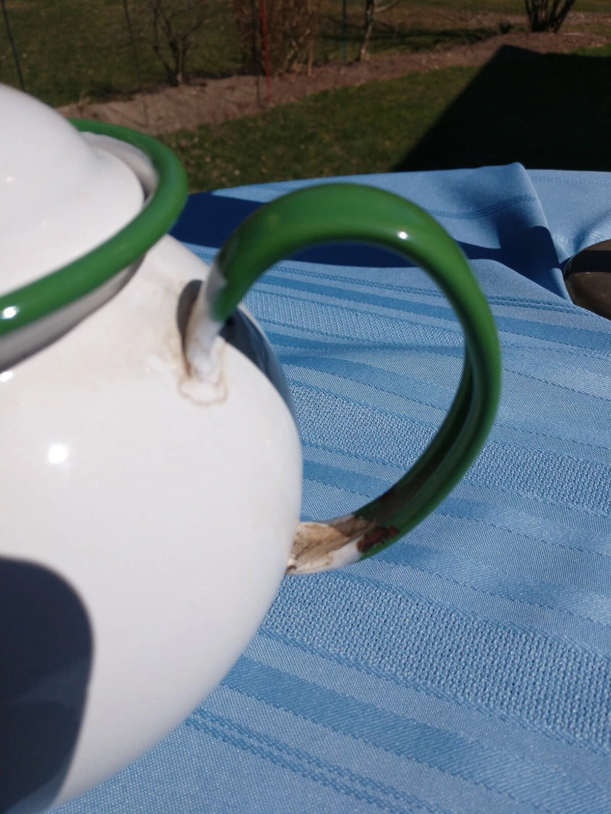 Retro Enamel Teapot With Green Trim