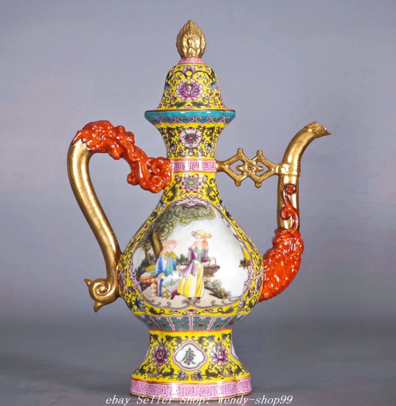 YongZheng Colour Enamel Porcelain Gilt Dragon Beast Belle Wine Tea Pot Flagon