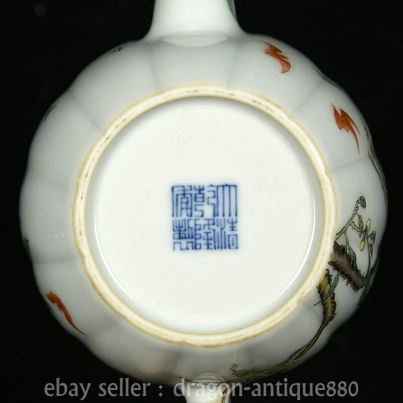 6.2" Old China Qianlong Marked Colour Enamel Porcelain Fushou Bat Peach Teapot