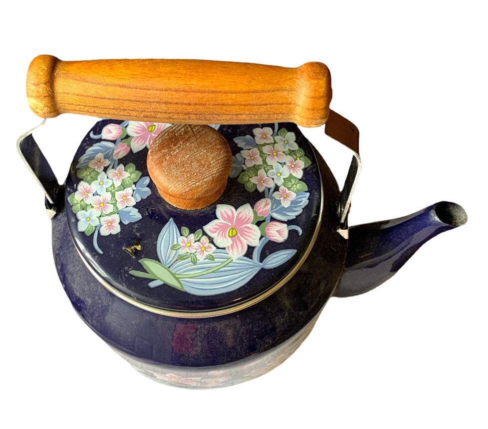 Vntg 1981 COBALT BLUE ENAMEL SAKURA TEA KETTLE POT GAILSTYN SUTTON #00997 AS IS
