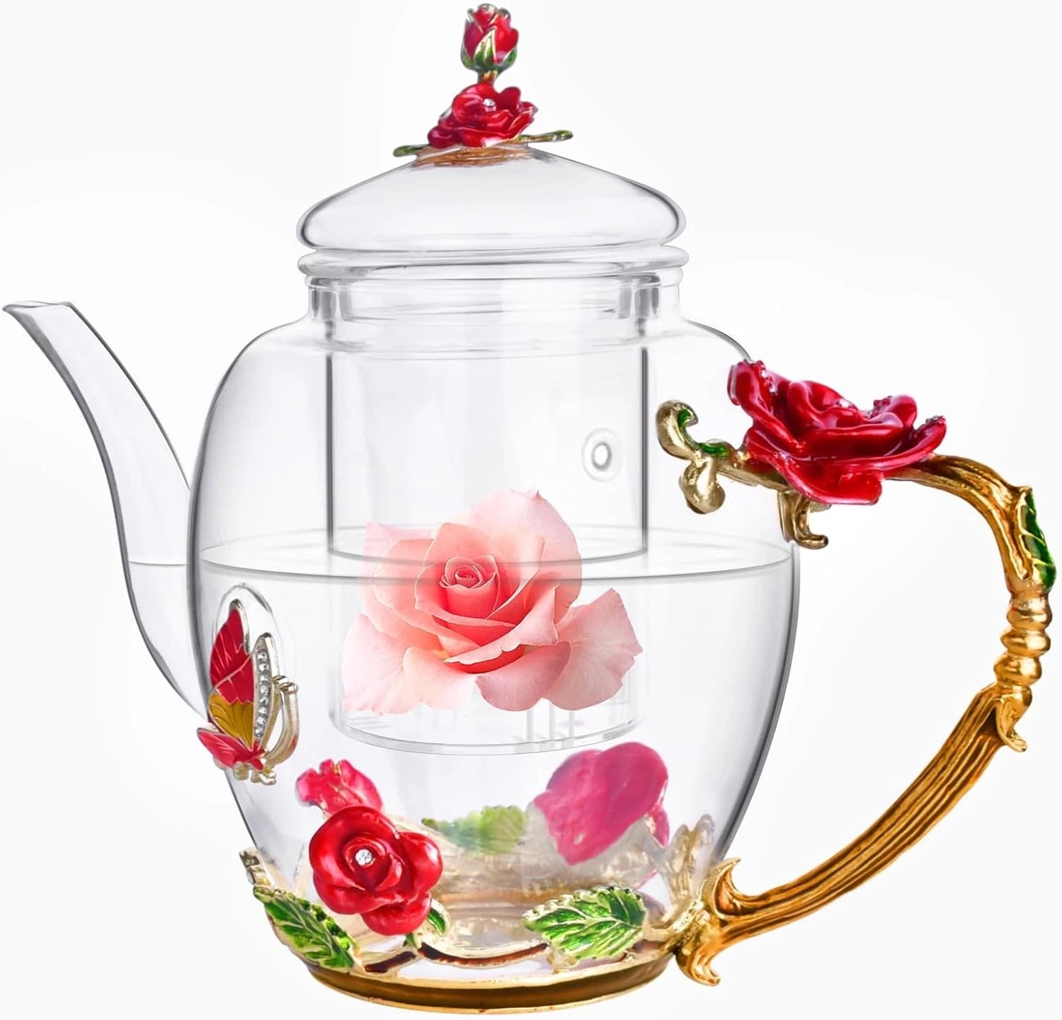 Enamel Glass Flower Tea Pot With Removable Loose Leaf Infuser Tea-Pot