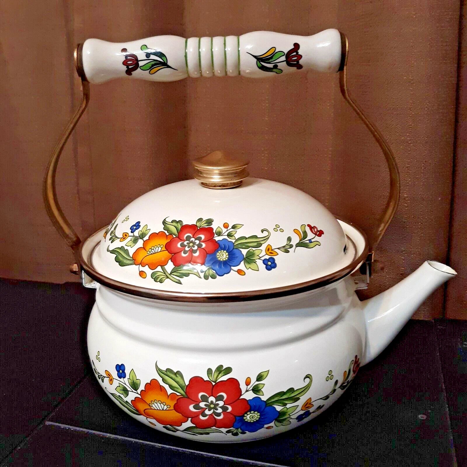Vintage Enameled Floral Motif Tea Kettle Brass Knob Ceramic Handle Teapot