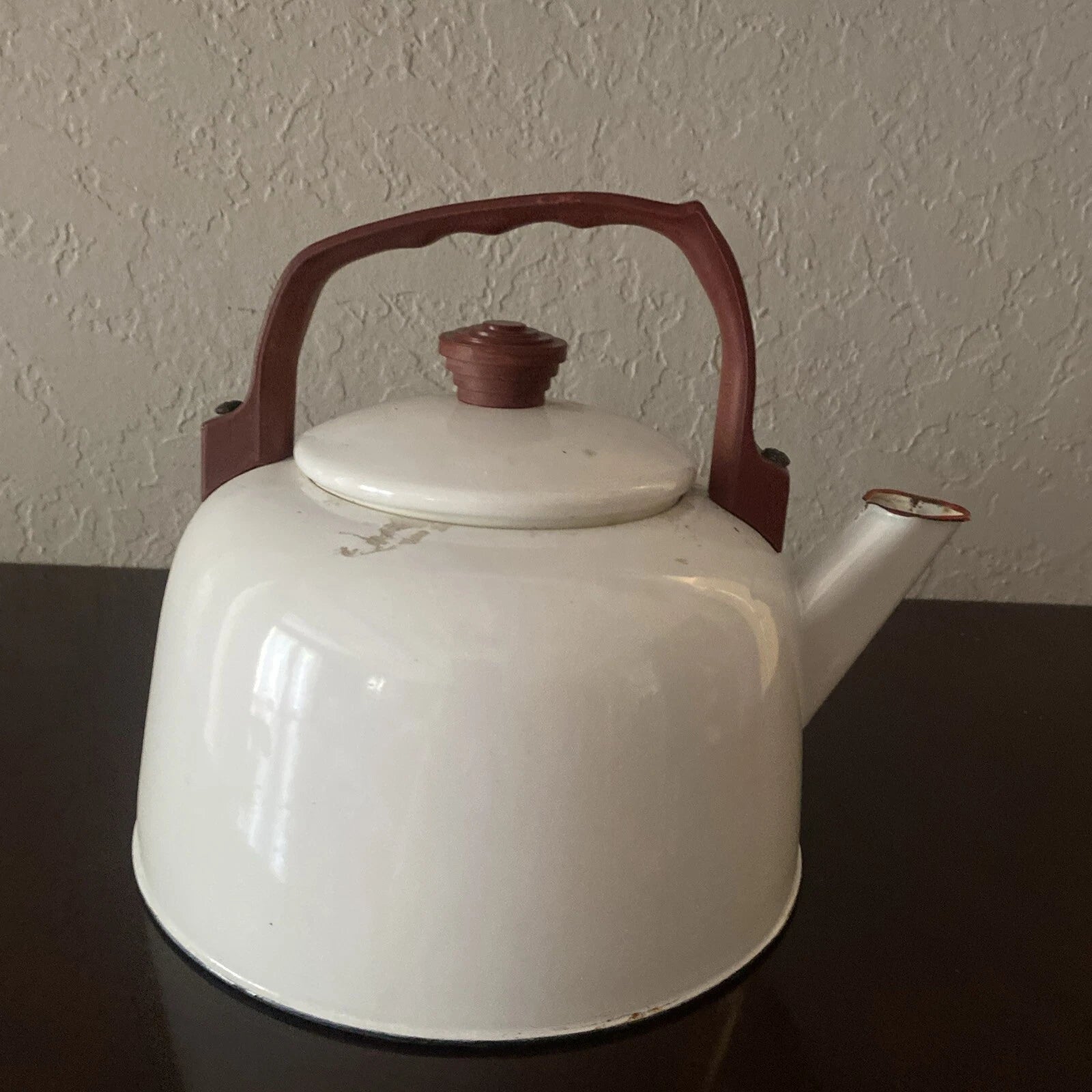 Vintage White Enamelware Tea Kettle Teapot with Red Trim, Brown Wooden Handle