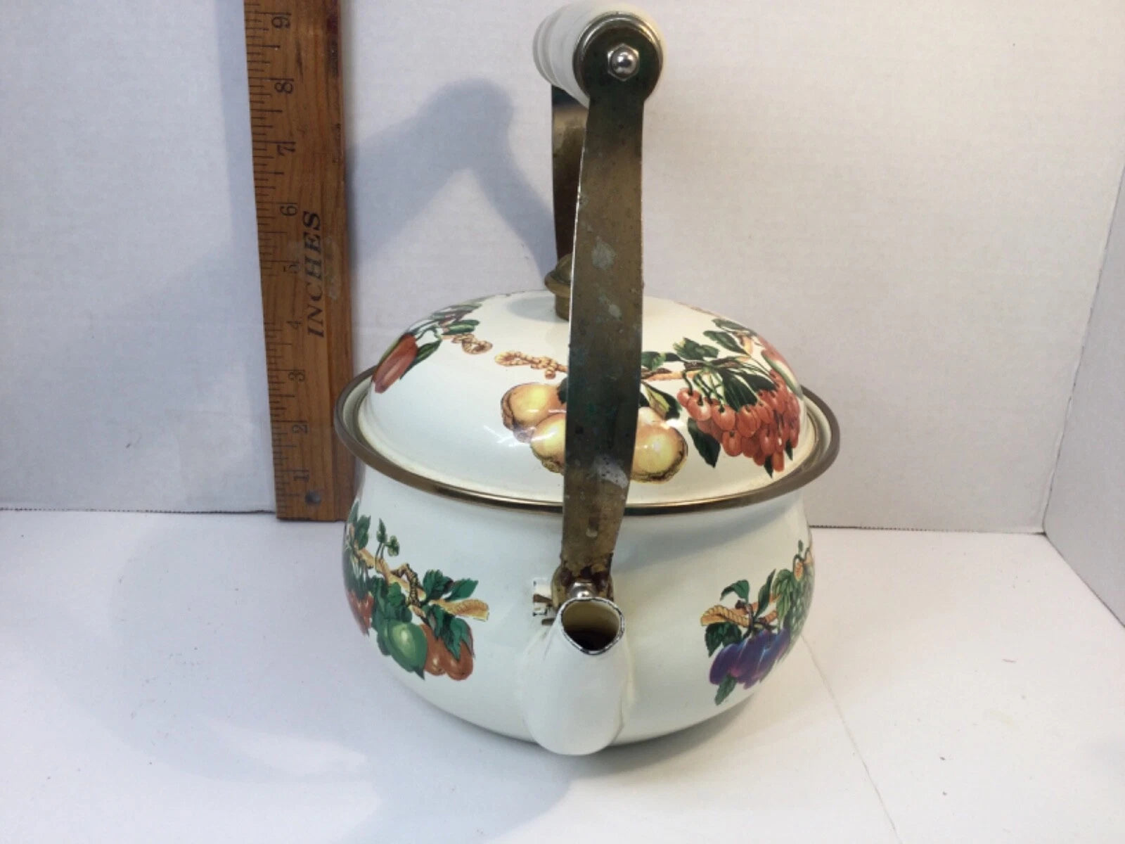 Tabletops Unlimited Enamel Vine Fruit Design Teapot Kettle Made in Thailand