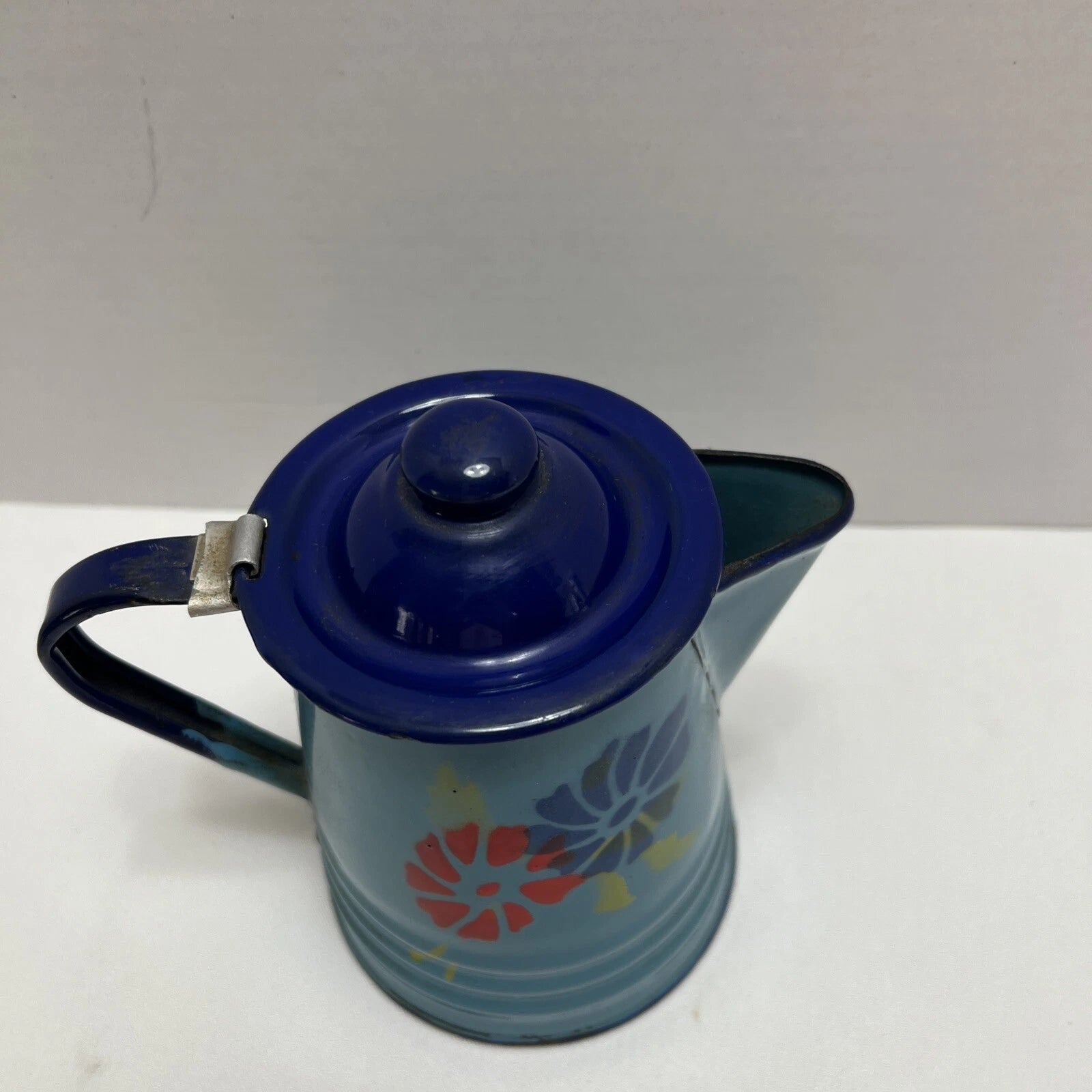 Vintage Enamel Toleware Metal Teapot w Lid Robin Egg Blue with Floral Design 6"