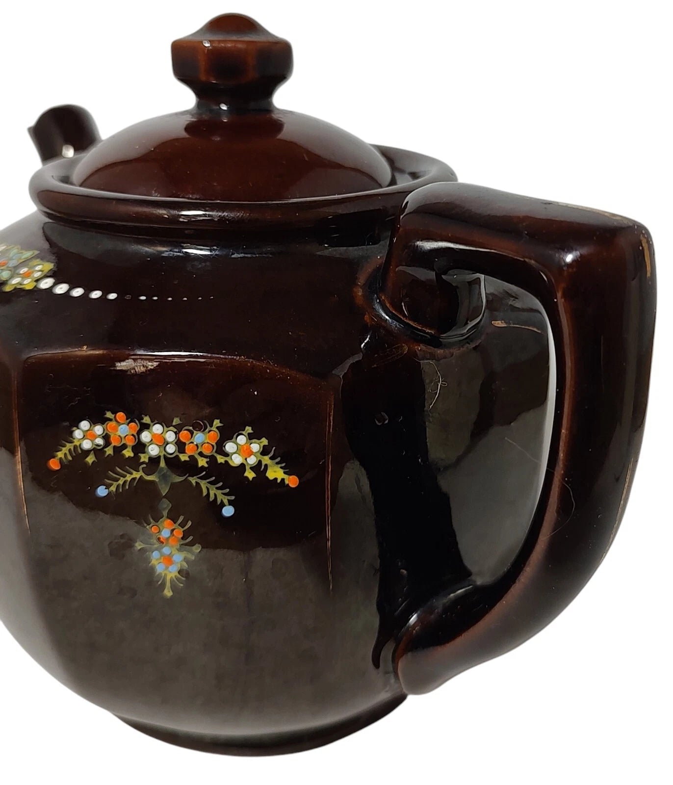 Vintage Brown Betty Redware Teapot Moriage Enamel Hand Painted Made In Japan SEE