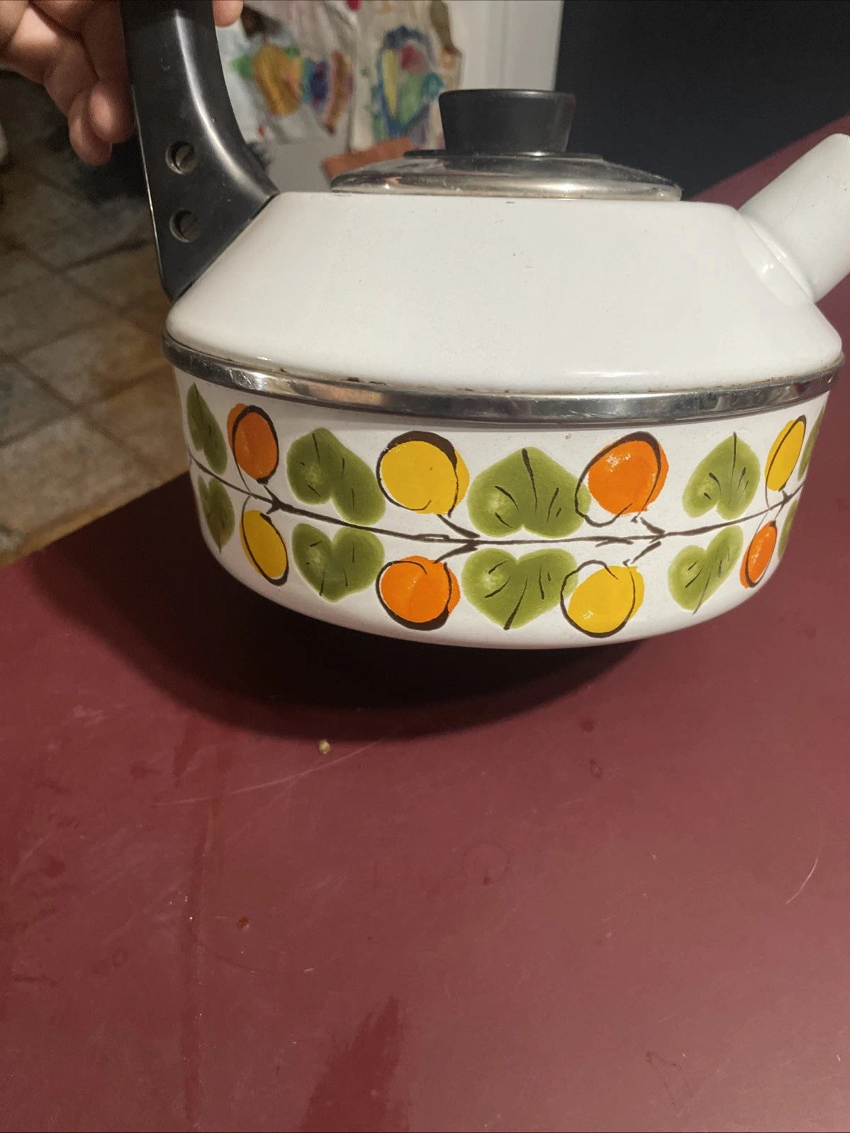 Vintage Enamel Tea Pot Kettle Whistles Lemon Orange Leaves Austria Email MCM