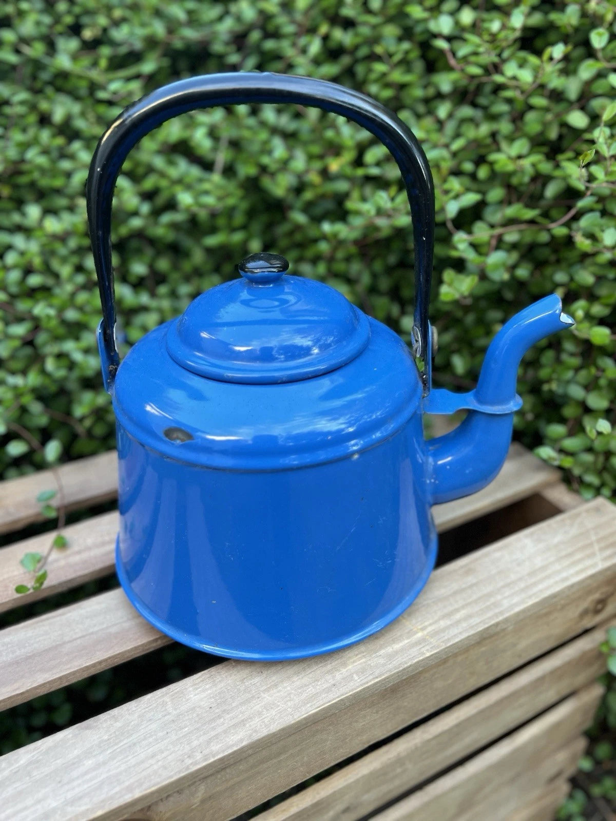 VTG Blue Enamelware Teapot Kettle Farmhouse Rustic Kitchen Decor Primitive