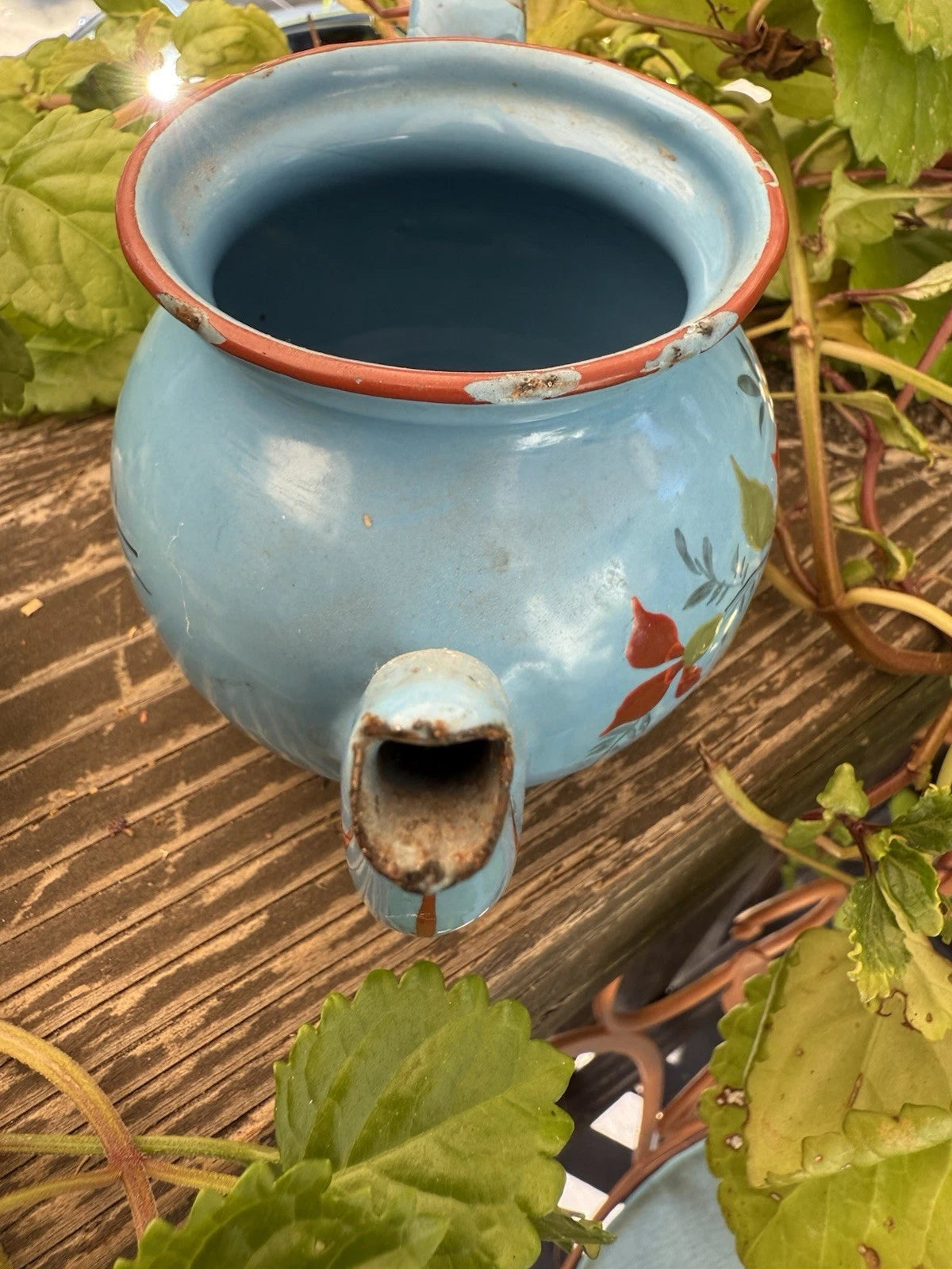French Vintage Enamelware Tea Pot/Raised Enamelware Floral Painting/Miniature