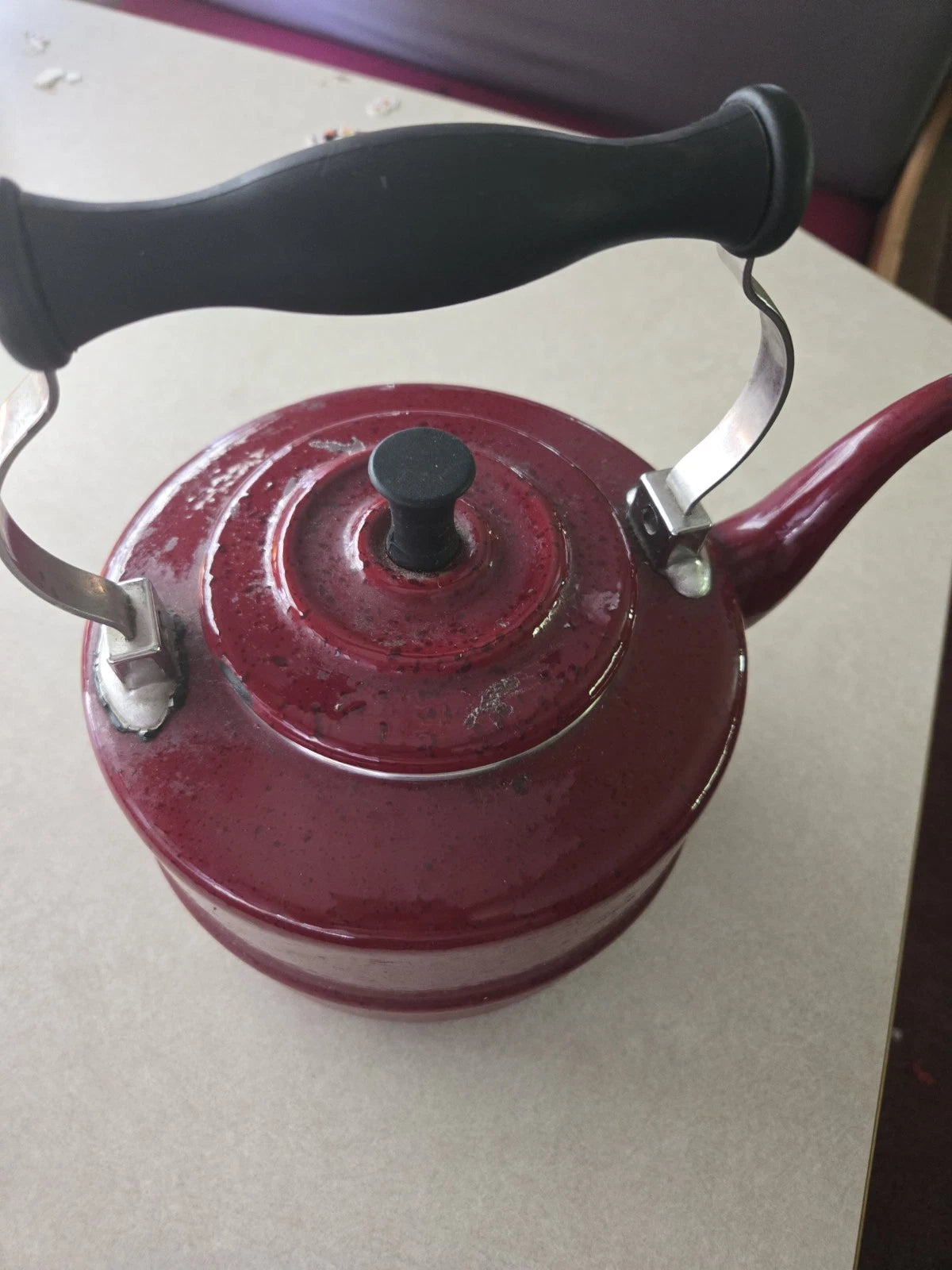 Paula Deen Speckled Tea Pot Burgundy Enamel Stove Top Tea Kettle