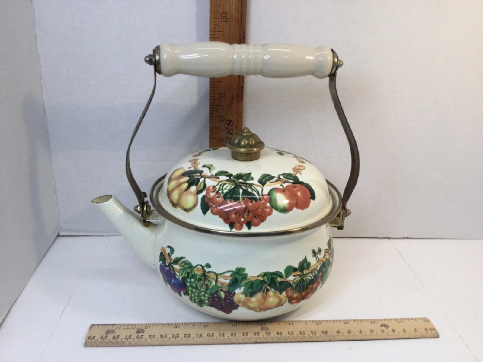Tabletops Unlimited Enamel Vine Fruit Design Teapot Kettle Made in Thailand