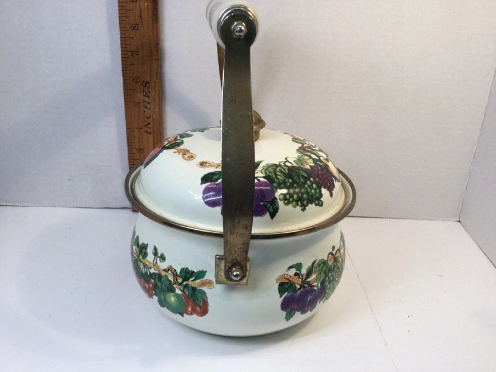 Tabletops Unlimited Enamel Vine Fruit Design Teapot Kettle Made in Thailand