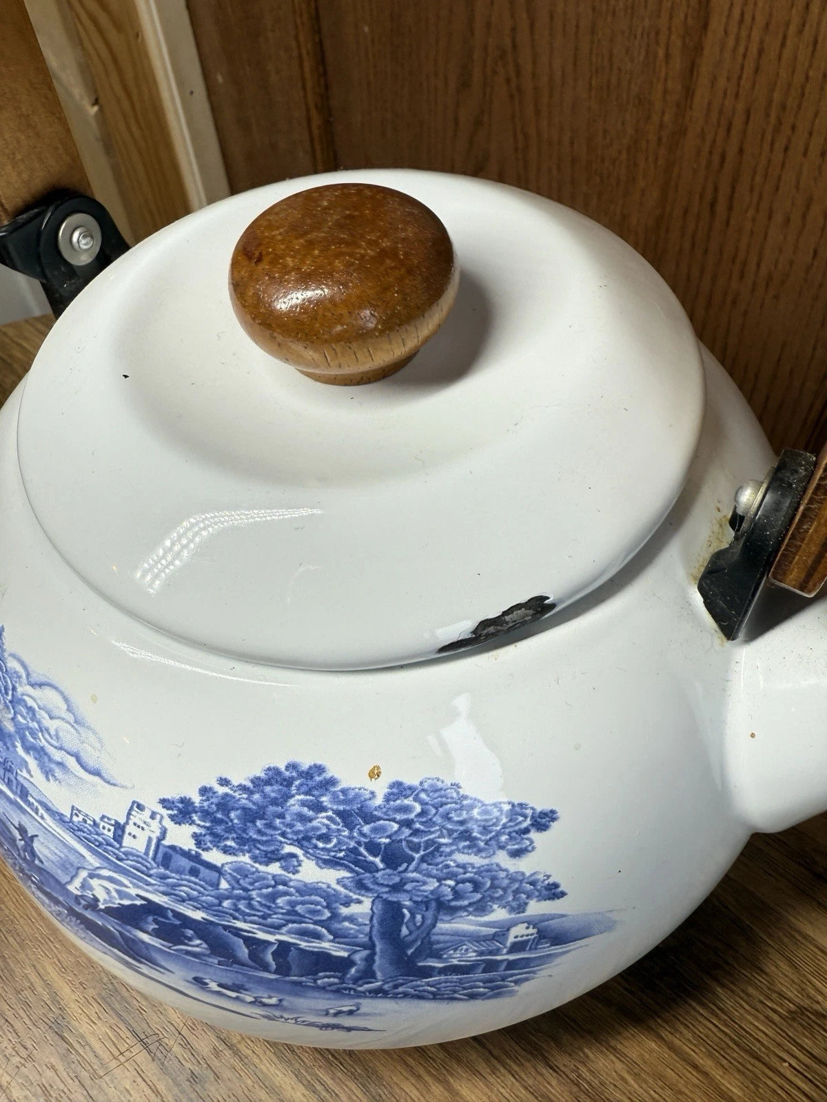 Staffordshire Tea Pot Kettle Enamelware Blue And White Castle Cows Wood Handle