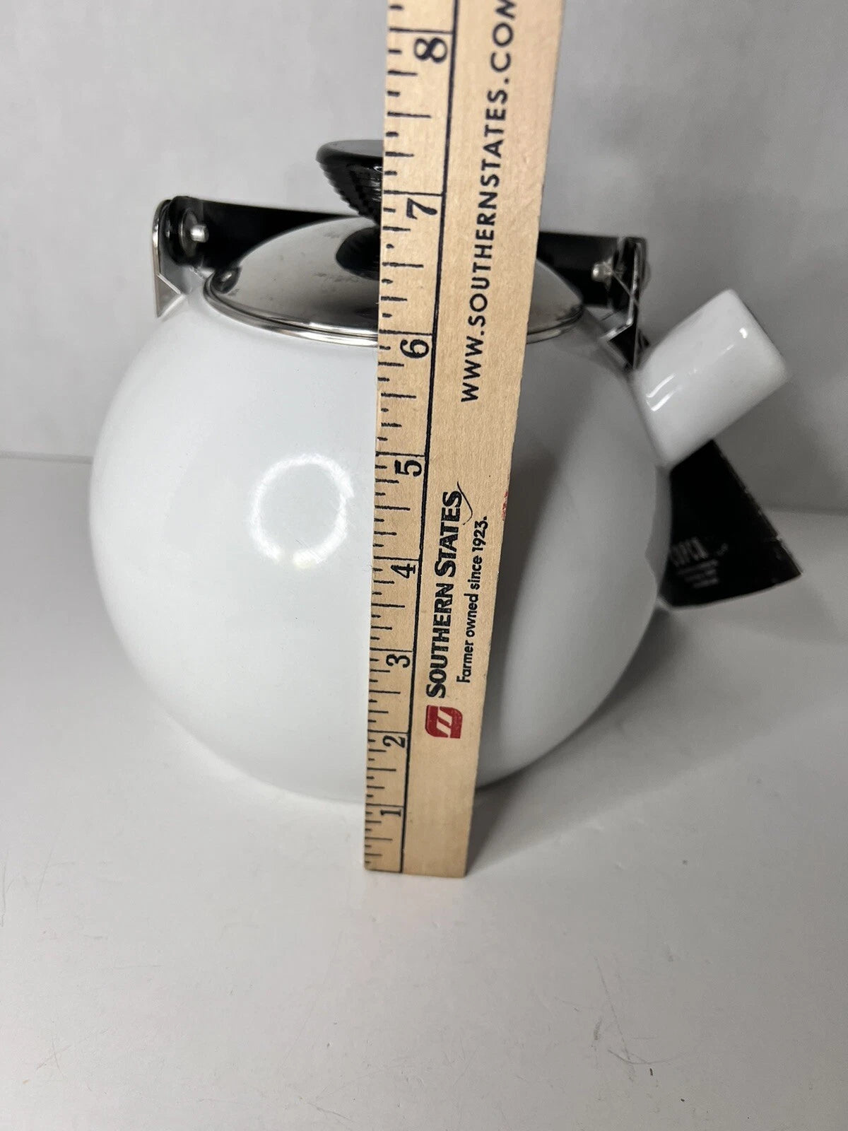 NOS Copco Whistling Teapot Tea Kettle White Enamel With Black Handle Tea Pot