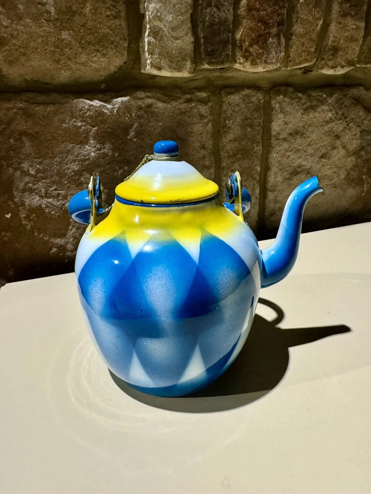 Vintage Antique Enamelware Enamel Yugoslavian Blue Yellow Geometric Teapot