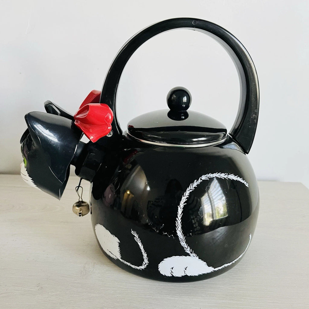 Vintage 1995 Ancona Kitty Cat Bow Tea Kettle Teapot Black And White