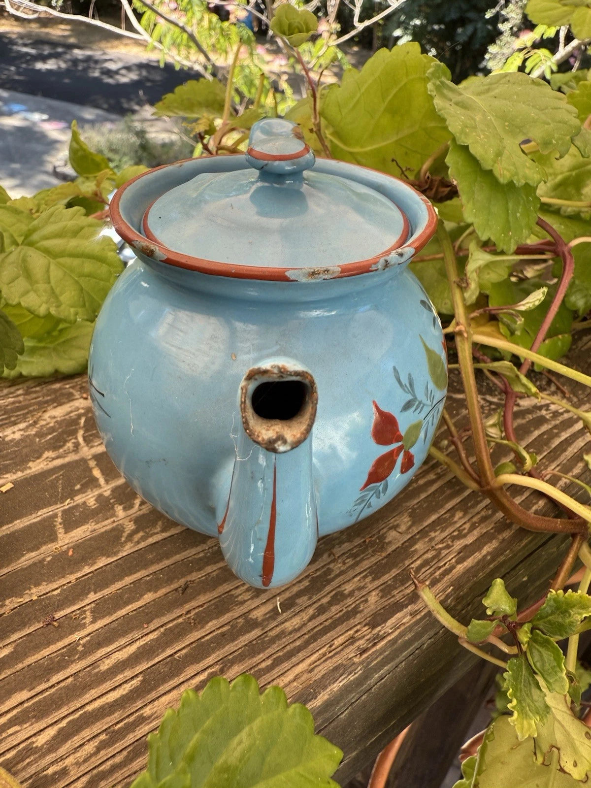 French Vintage Enamelware Tea Pot/Raised Enamelware Floral Painting/Miniature